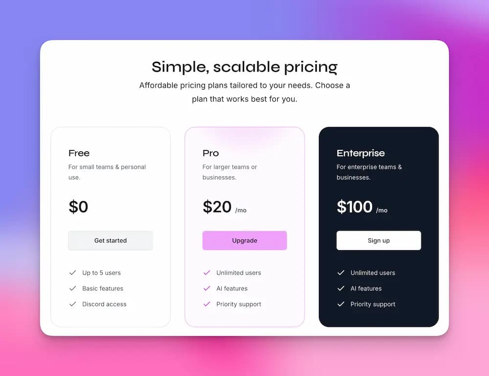 Landing Page Pricing Section