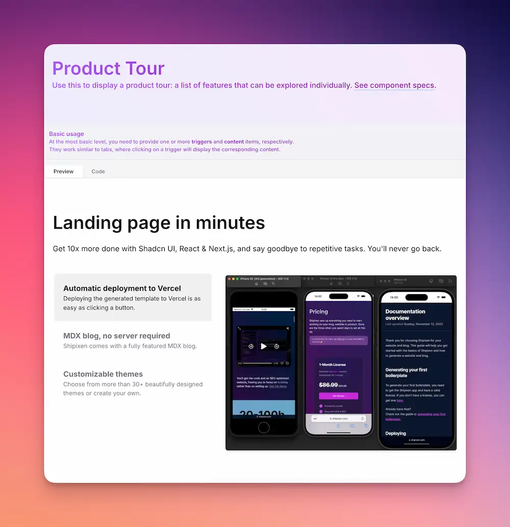 Landing Page Product Tour Component