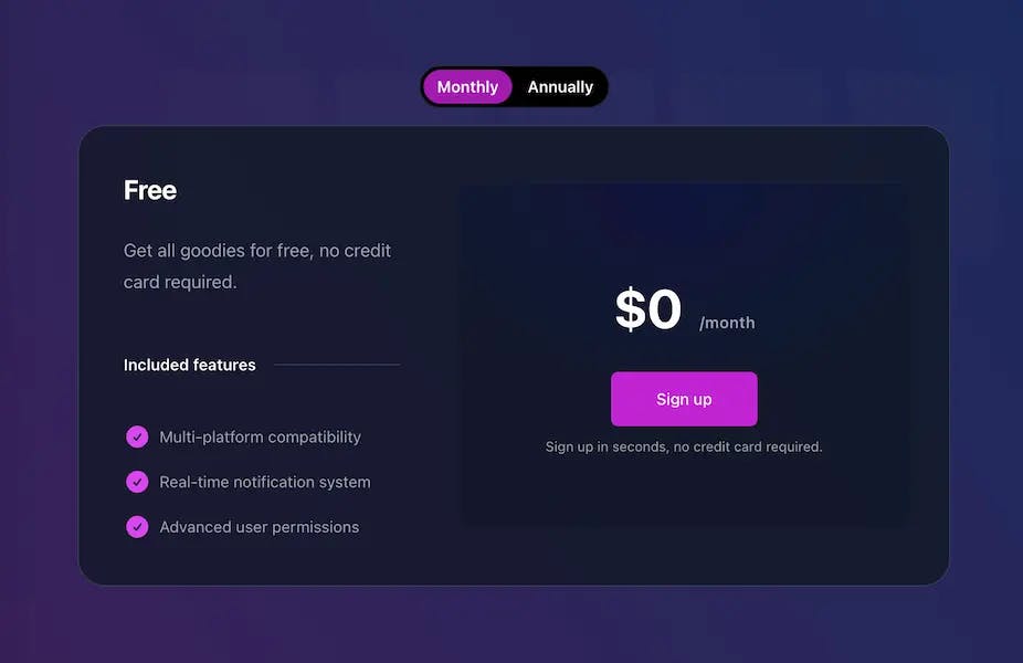 Shadcn pricing page example with one tiers