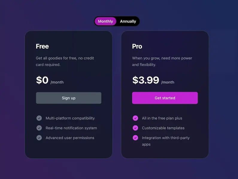 Shadcn pricing page two tier example
