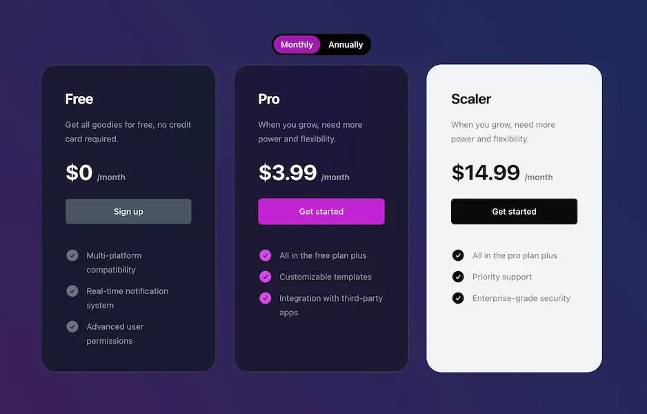Shadcn pricing page three tier example