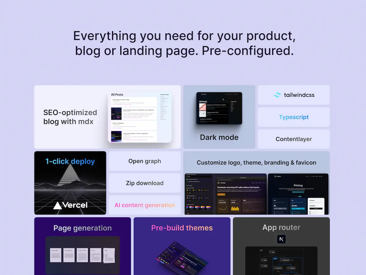 Generate beautifully designed Next.js landing pages, blogs and more. Custom Boilerplates with